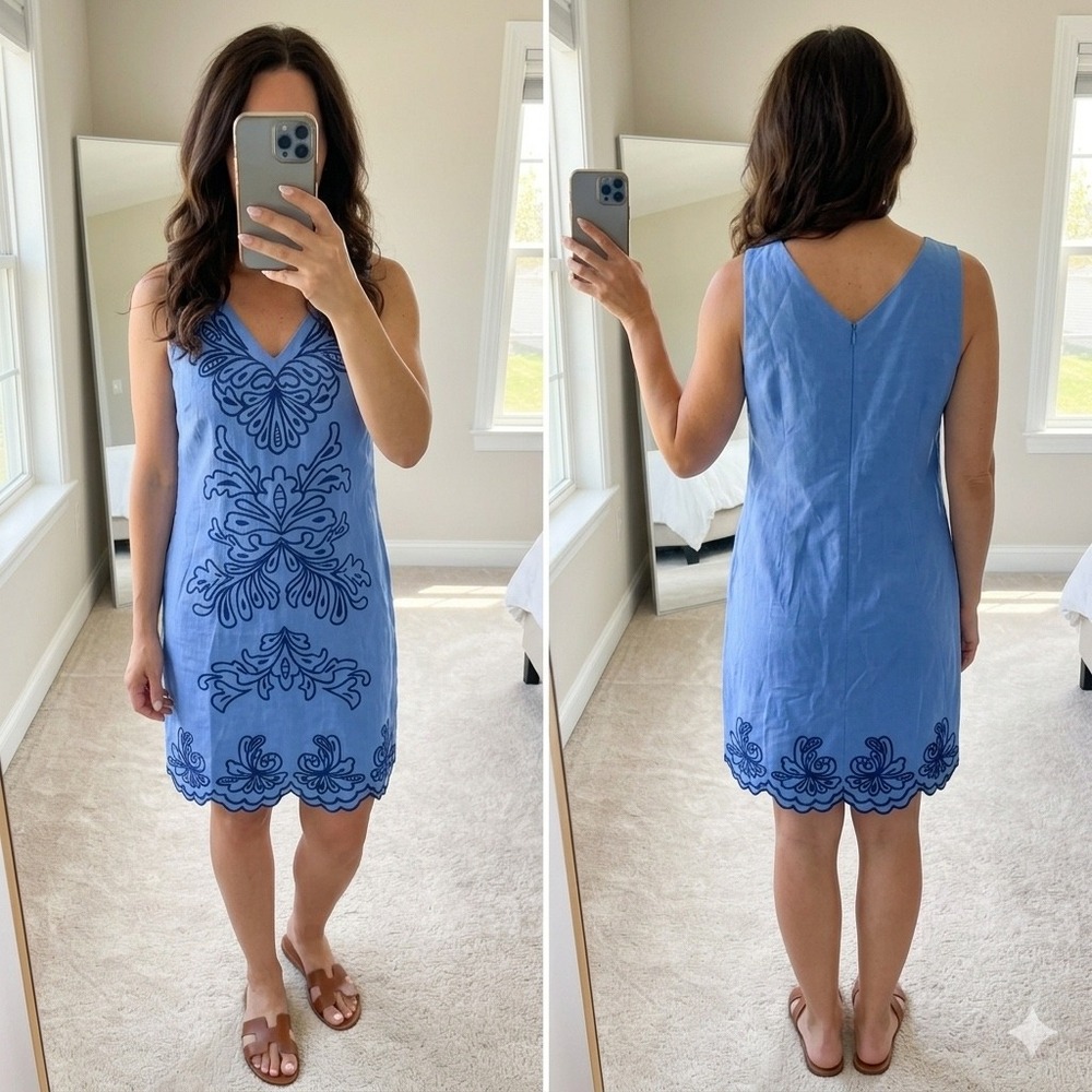 Talbots Blue Linen Blend Embroidered Scalloped Hem Sheath Dress 6 Sleeveless
